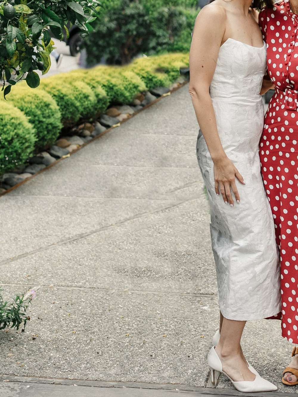 Strapless White Jacquard Midi Dress with Side Slit - Picture 4 of 5